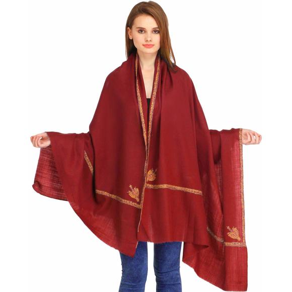 Plain Kashmiri Kingri Shawl With Sozni Hand-embroidery On...